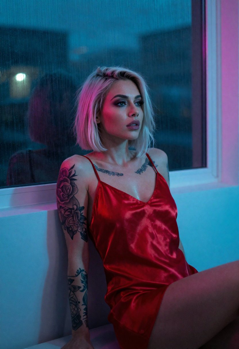 Neon Penthouse, Red Satin — AI-generated example with its full prompt
